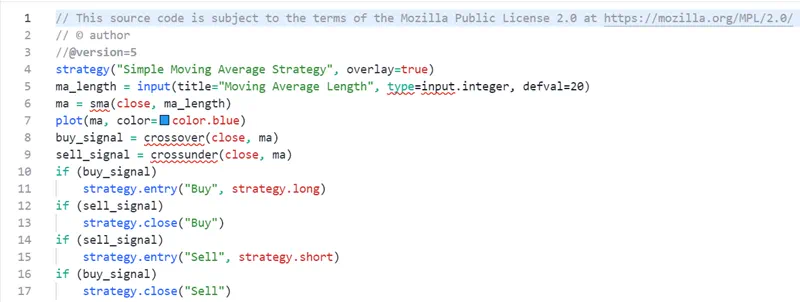 Screenshot of Pine Script code to display a moving average strategy on TradingView