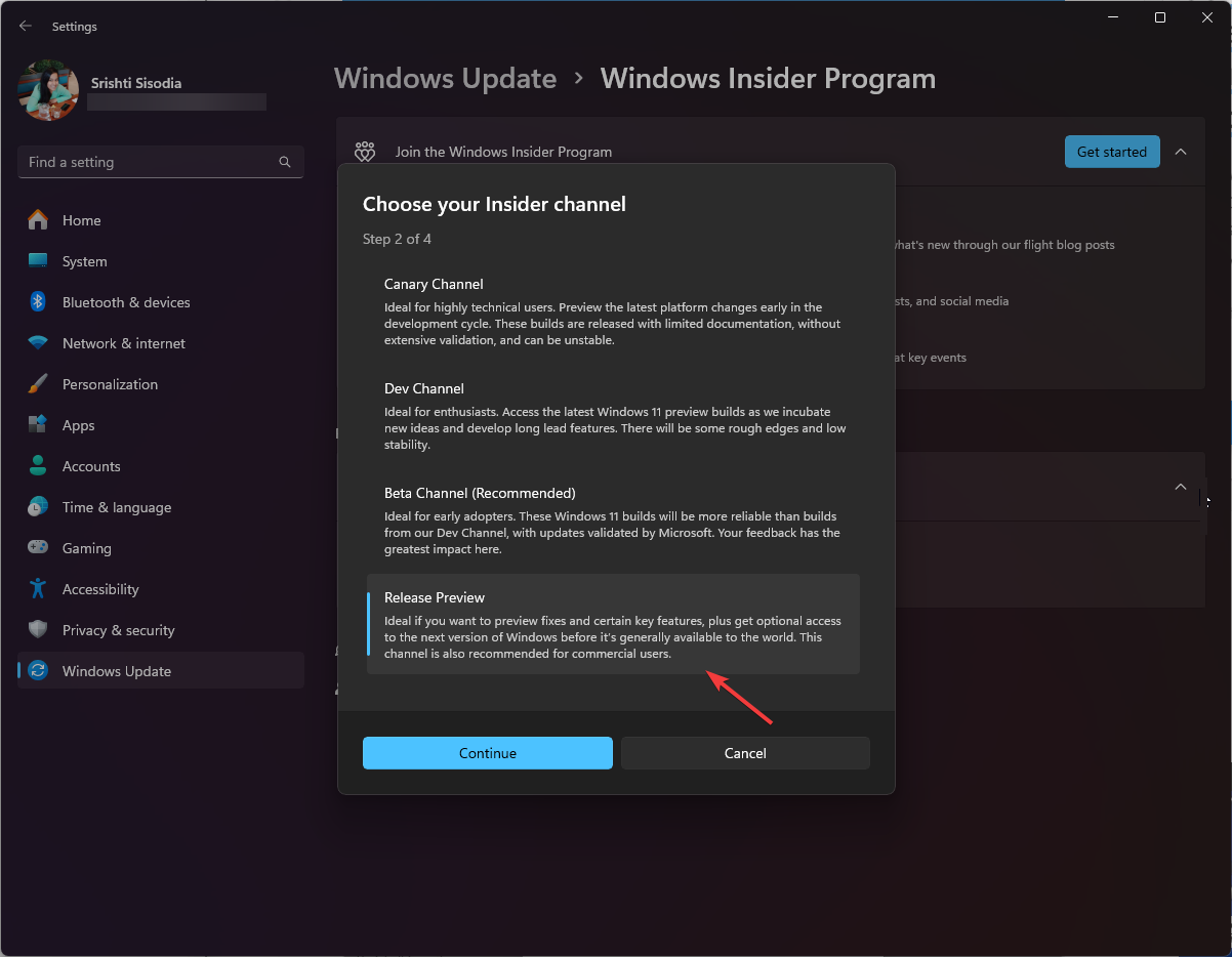 Choose your Insider channel window, select Release Preview