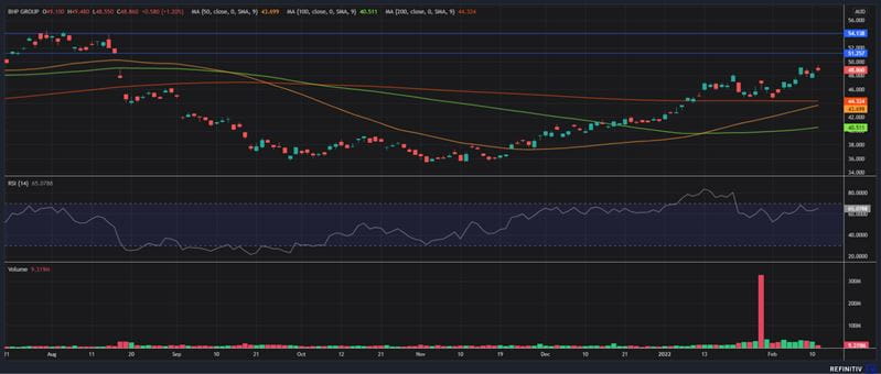 BHP shares hit a six month high in early 2022
