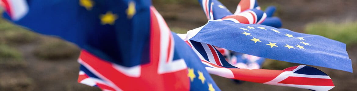 UK Union Jack Flag alongside some European Union flags