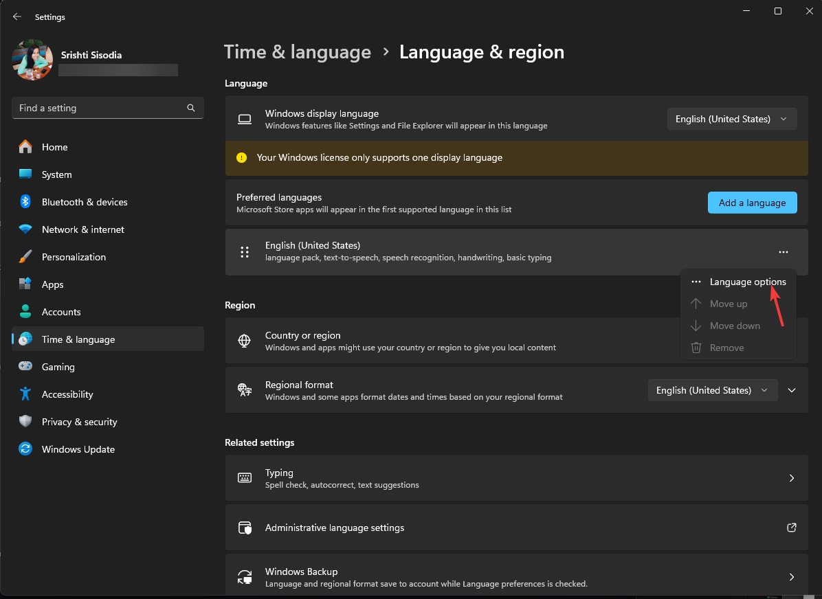  Preferred languages; locate the language for which you want  -Language options.