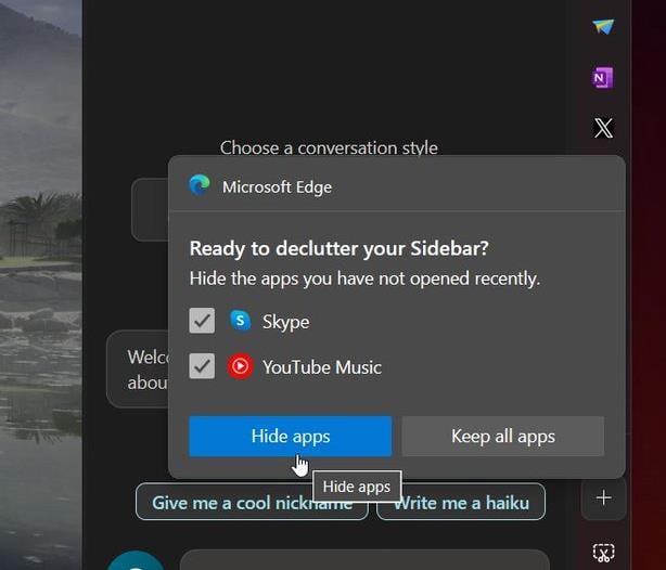 Microsoft Edge declutter sidebar