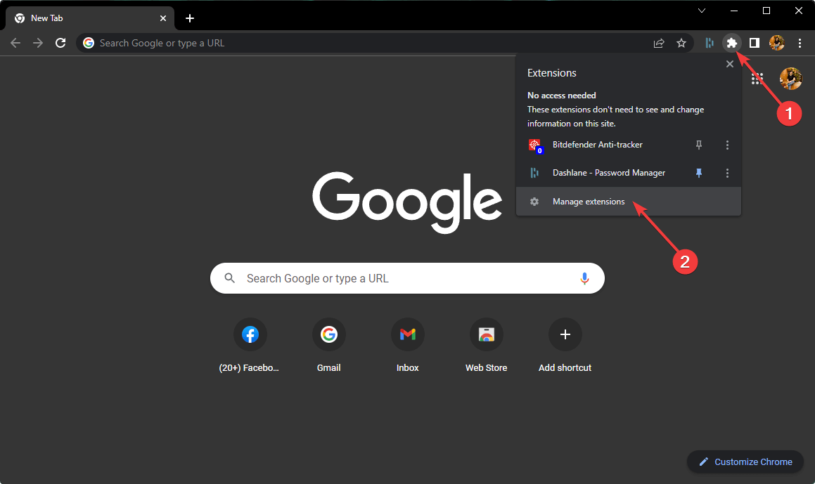 clicking manage extensions chrome