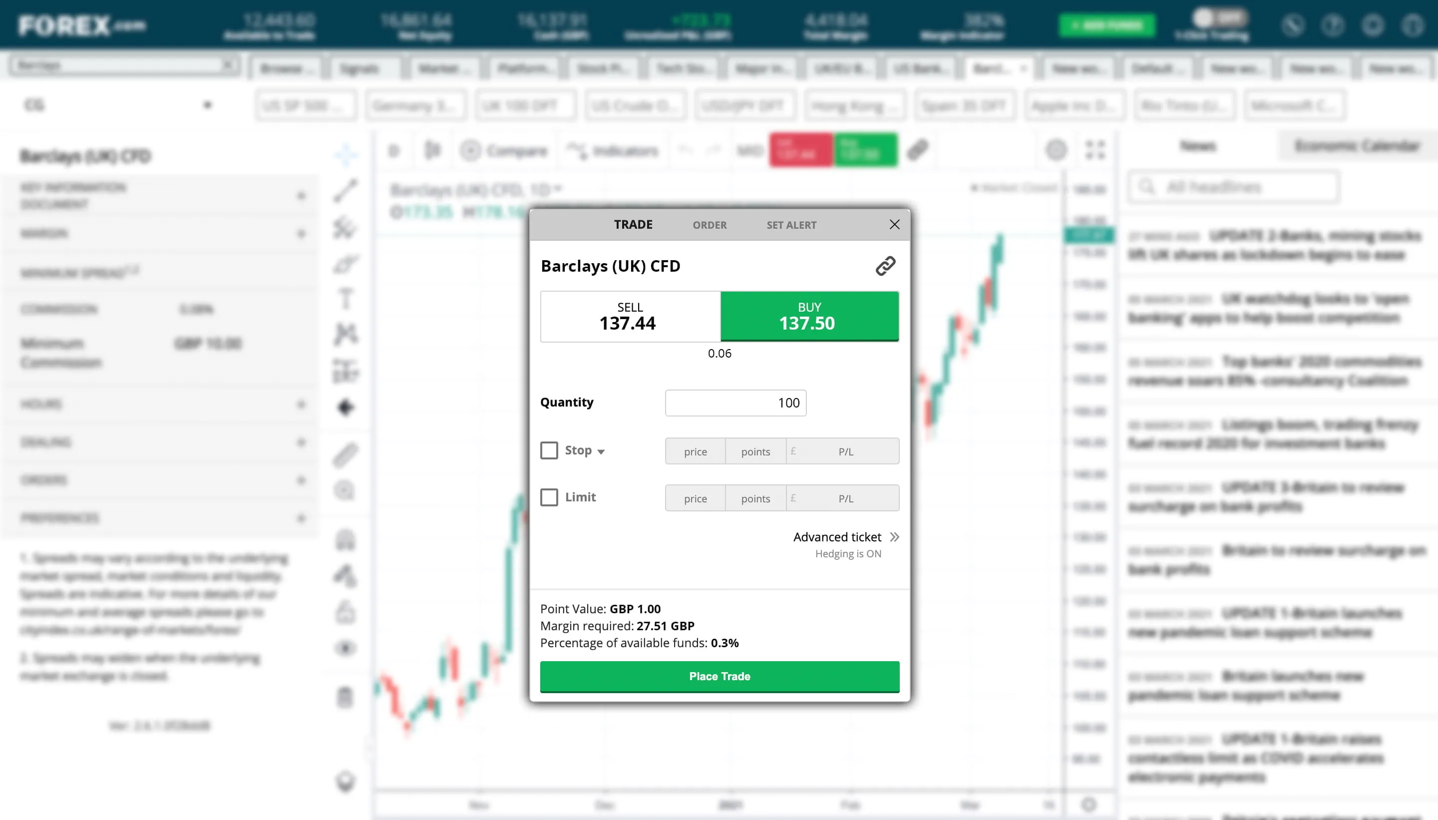 How to place a trade: Buying Barclays UK CFD screen